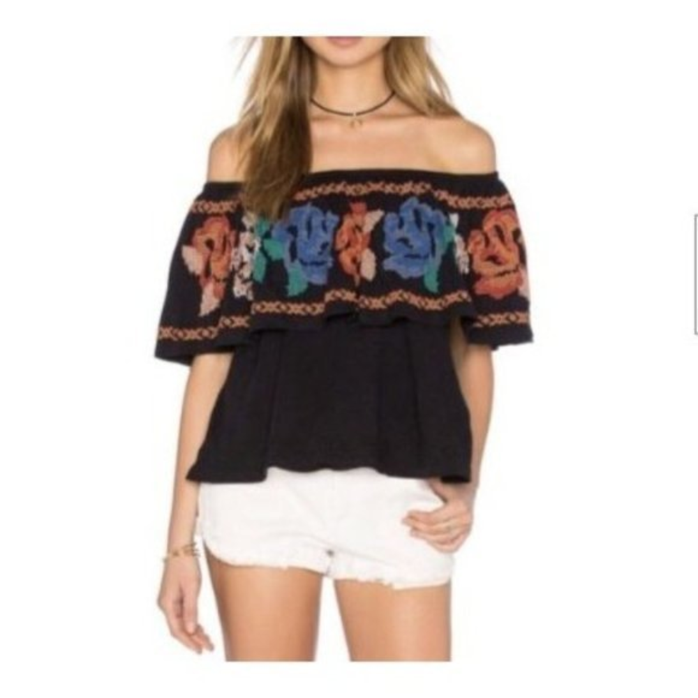 Free People Black Floral Embroidered Off The Shoulder Boho Blouse Top Medium
